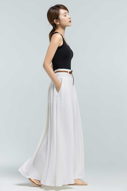 White Linen Cotton Blend Pleated Maxi Skirt - Flared Silhouette 2376