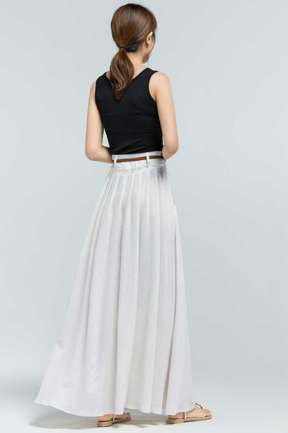 White Linen Cotton Blend Pleated Maxi Skirt - Flared Silhouette 2376