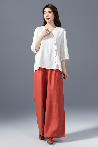 White Linen Cotton Blouse - Asymmetrical V-Neck Oversize Shirt 4149
