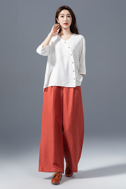 White Linen Cotton Blouse - Asymmetrical V-Neck Oversize Shirt 4149