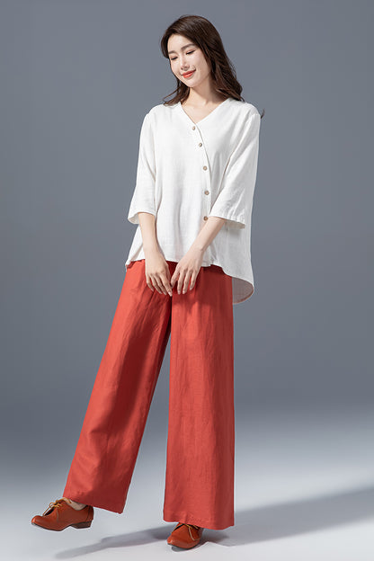 White Linen Cotton Blouse - Asymmetrical V-Neck Oversize Shirt 4149
