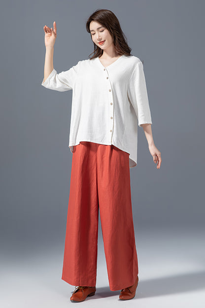 White Linen Cotton Blouse - Asymmetrical V-Neck Oversize Shirt 4149
