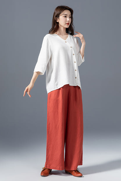 White Linen Cotton Blouse - Asymmetrical V-Neck Oversize Shirt 4149