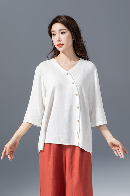 White Linen Cotton Blouse - Asymmetrical V-Neck Oversize Shirt 4149