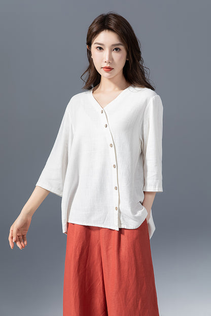White Linen Cotton Blouse - Asymmetrical V-Neck Oversize Shirt 4149