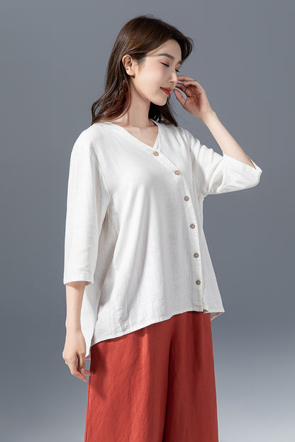 White Linen Cotton Blouse - Asymmetrical V-Neck Oversize Shirt 4149