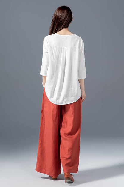 White Linen Cotton Blouse - Asymmetrical V-Neck Oversize Shirt 4149