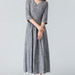 gray linen dress, linen summer dress, midi length dress, pleated dress 1909#