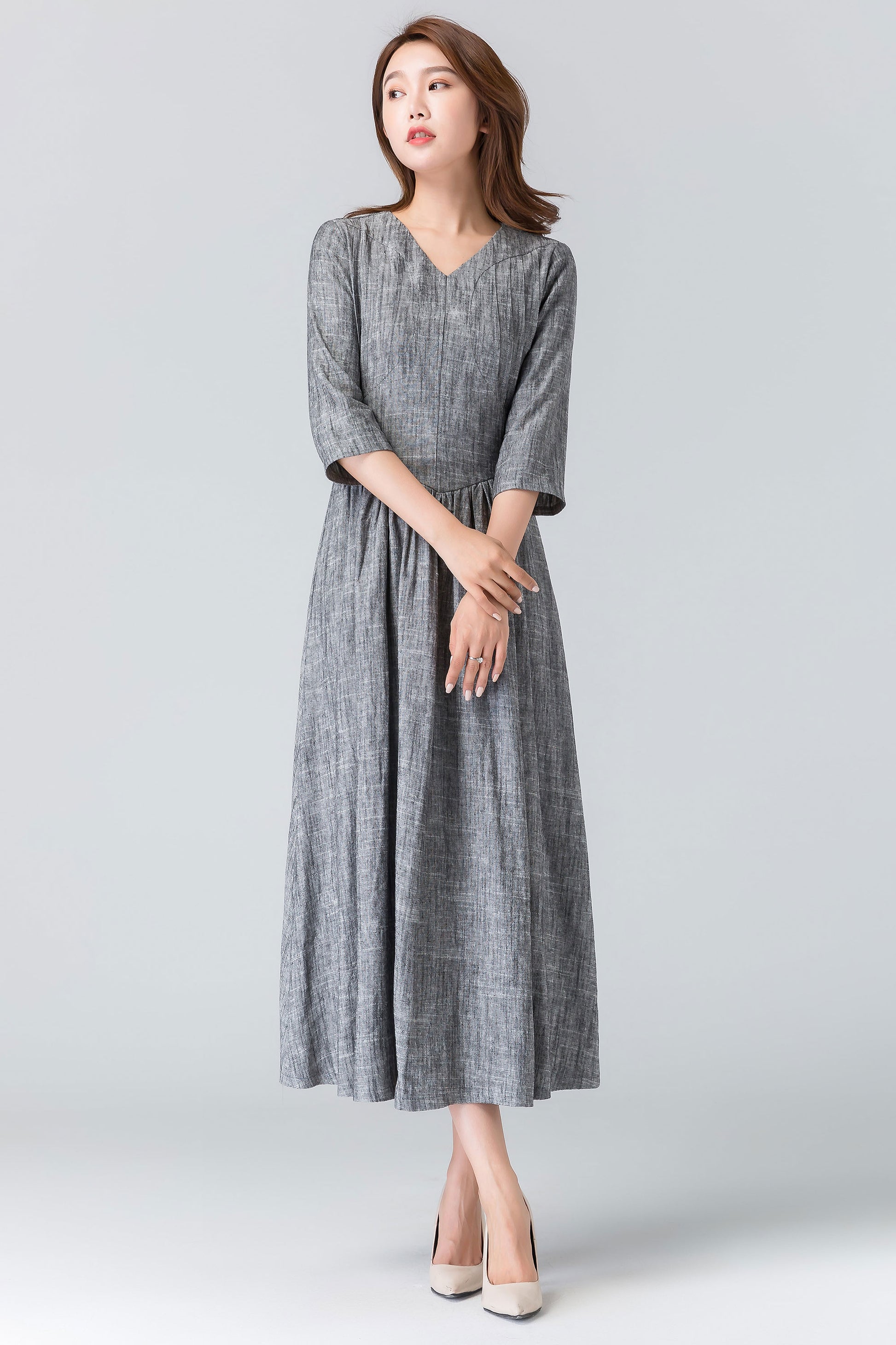 grey pleated midi dress Gray Linen Midi Dress Handmade V Neck Pleated with 3/4 Sleeves 1909 Xiaolizi