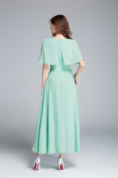 Emerald Green Chiffon Dress - Fitted Waist A-Line with Cape 1768