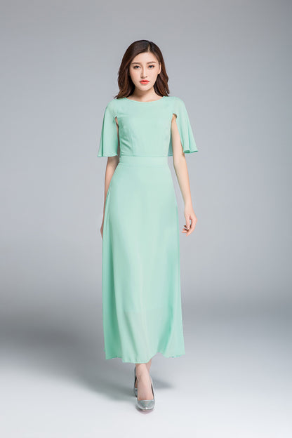 Emerald Green Chiffon Dress - Fitted Waist A-Line with Cape 1768