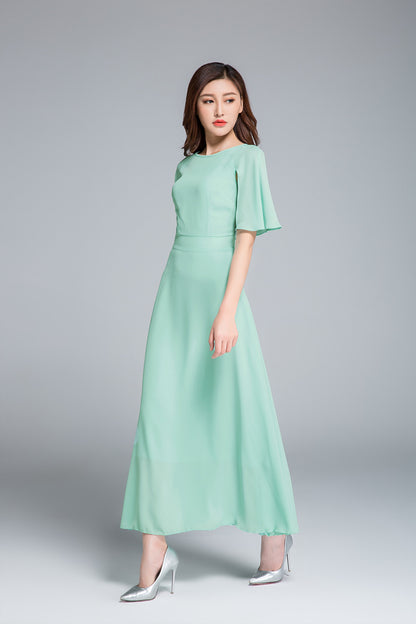 Emerald Green Chiffon Dress - Fitted Waist A-Line with Cape 1768