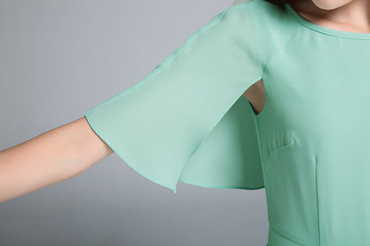 Emerald Green Chiffon Dress - Fitted Waist A-Line with Cape 1768