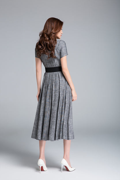 Handmade Gray Linen Midi Dress – Vintage Fit and Flare Dress with Black Waist | Xiaolizi 1762