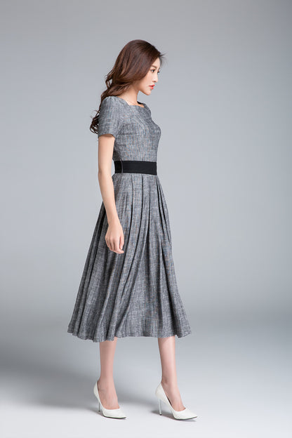 Handmade Gray Linen Midi Dress – Vintage Fit and Flare Dress with Black Waist | Xiaolizi 1762