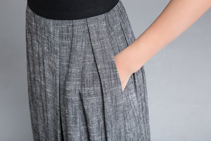 Handmade Gray Linen Midi Dress – Vintage Fit and Flare Dress with Black Waist | Xiaolizi 1762