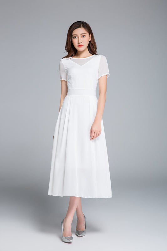 Short sleeve white fit and flare midi dress 1770