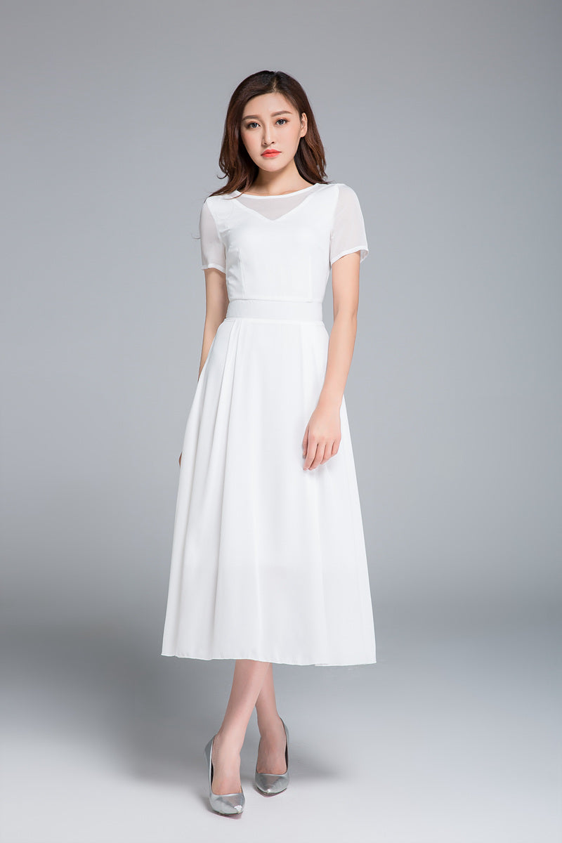 White Chiffon Fit and Flare Midi Dress - Pleated Waist, Transparent Collar 1770