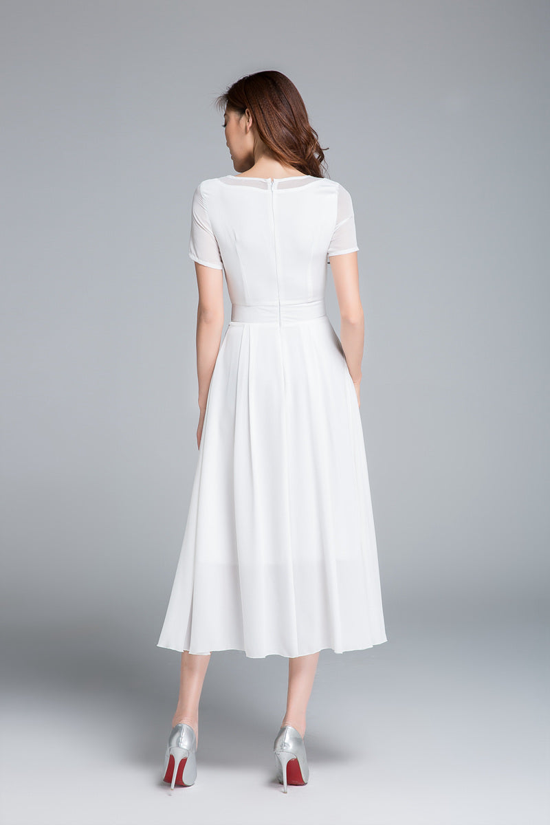 Short sleeve white fit and flare midi dress 1770 Xiaolizi Short sleeve white fit and flare midi dress 1770 Xiaolizi