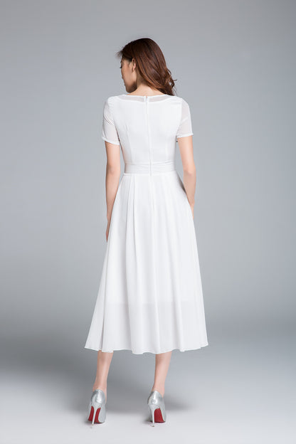 Short sleeve white fit and flare midi dress 1770