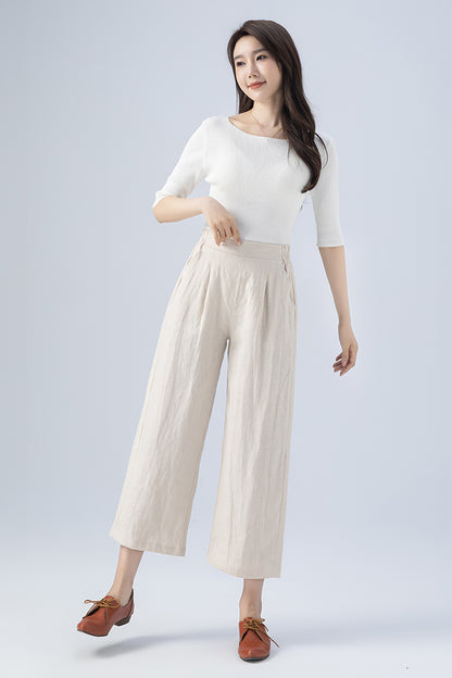Beige Wide Leg Linen Pants 4167