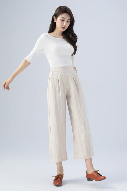 Beige Wide Leg Linen Pants 4167
