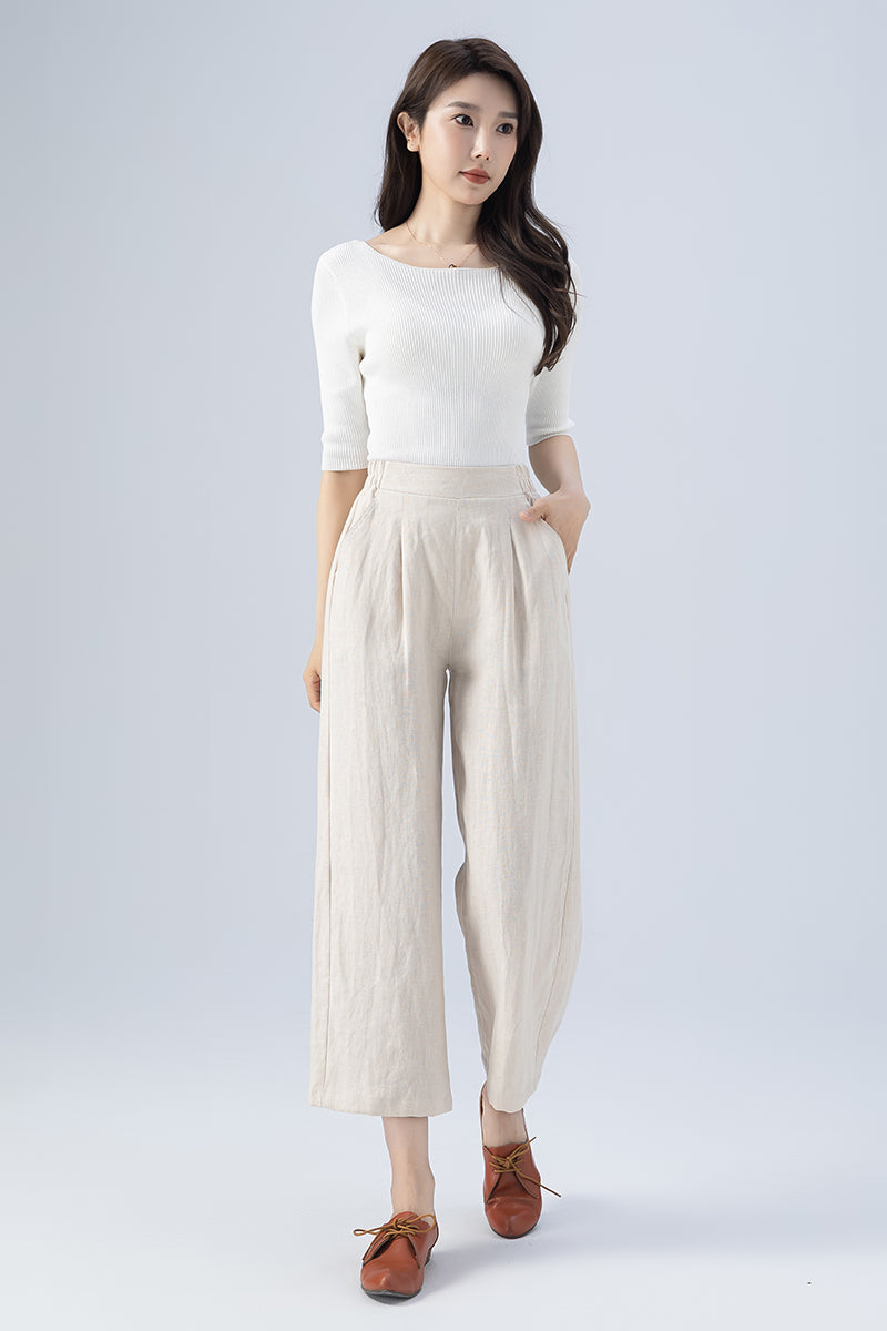 Beige Wide Leg Linen Pants 4167