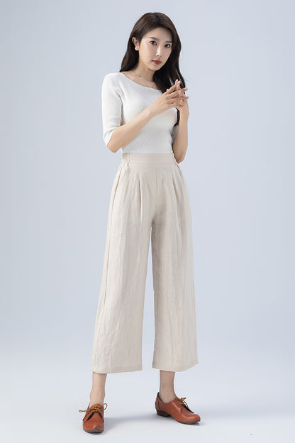 Beige Wide Leg Linen Pants 4167