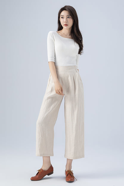Beige Wide Leg Linen Pants 4167