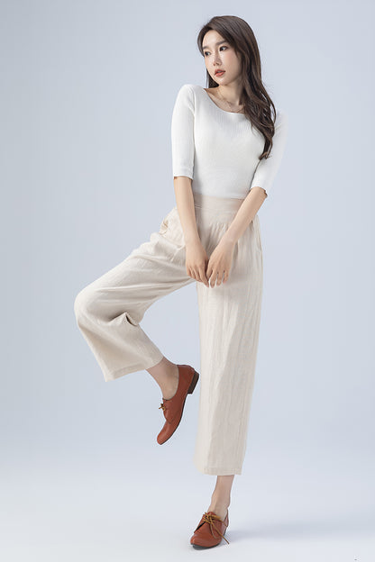 Beige Wide Leg Linen Pants 4167