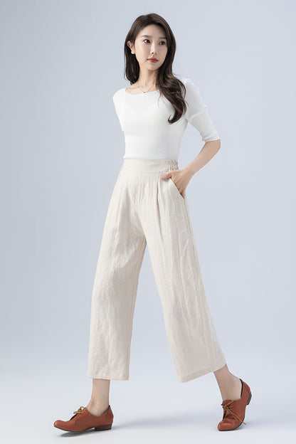 Beige Wide Leg Linen Pants 4167