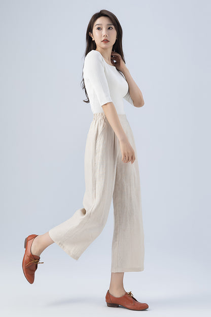 Beige Wide Leg Linen Pants 4167