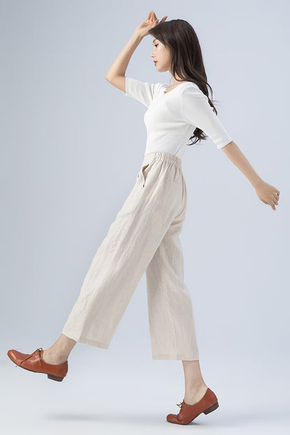 Beige Wide Leg Linen Pants 4167