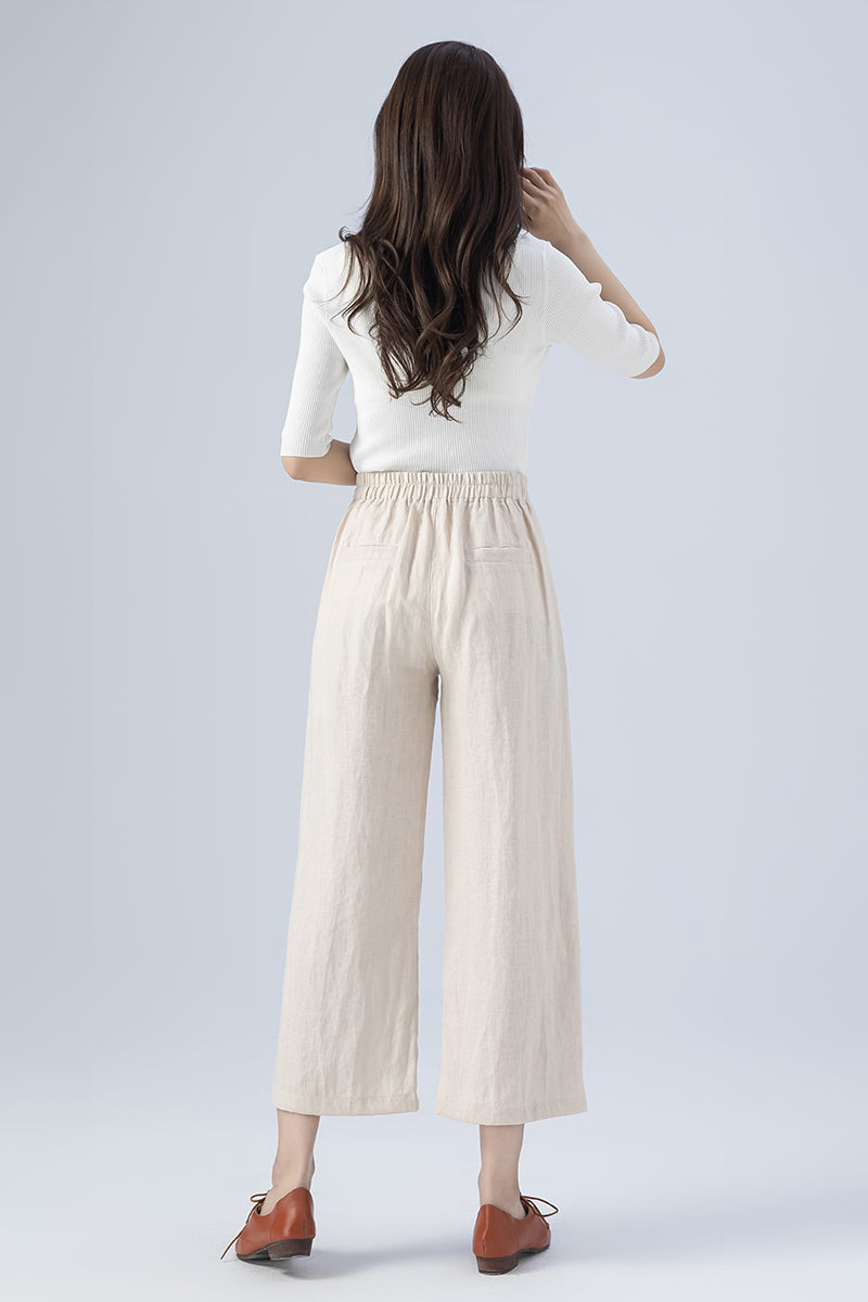 Beige Wide Leg Linen Pants 4167