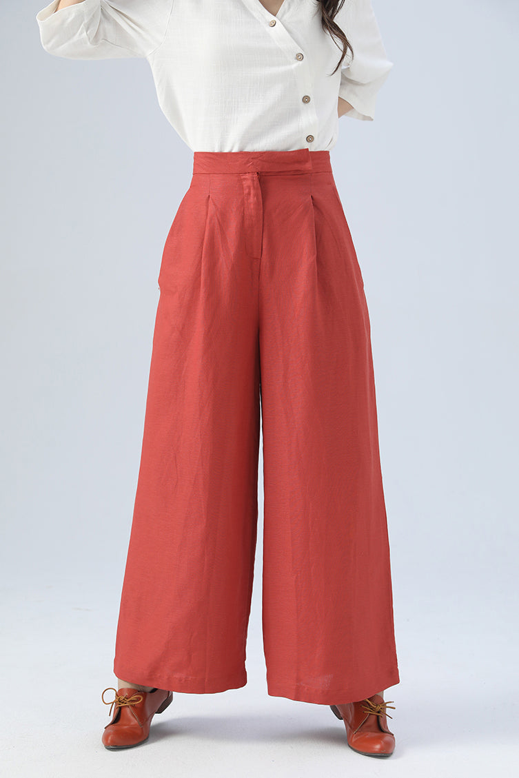 Red High Waisted Linen Pants 4150