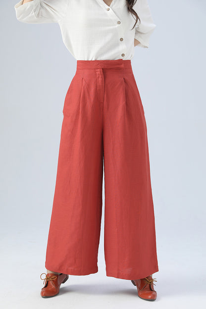 Red Linen Wide Leg Pants - High Waisted Relaxed Fit 4150