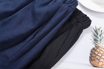 Black Linen Wide Leg Crop Pants - Elastic Waist, On-Seam Pockets 1935