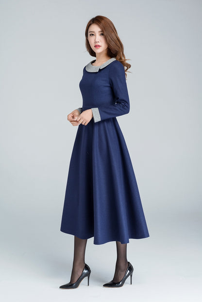 Navy Wool Maxi Dress - Gray Collar Detail, Flared A-Line Silhouette 1611