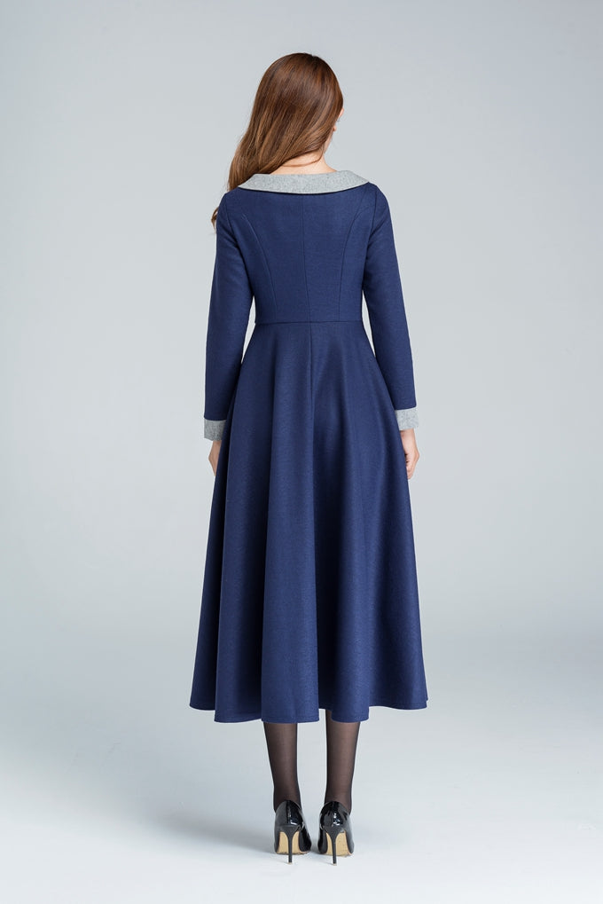 Vintage Wool Maxi Dress in Navy Blue Gray Collar Detail 1611 Xiaolizi Vintage Wool Maxi Dress in Navy Blue Gray Collar Detail 1611 Xiaolizi