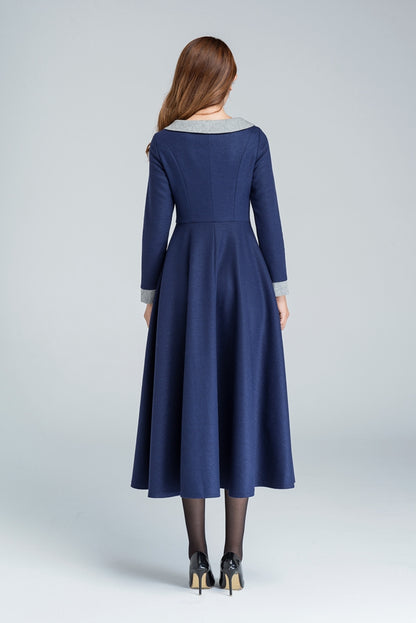 Navy Wool Maxi Dress - Gray Collar Detail, Flared A-Line Silhouette 1611