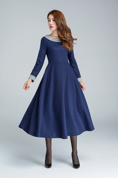 Navy Wool Maxi Dress - Gray Collar Detail, Flared A-Line Silhouette 1611