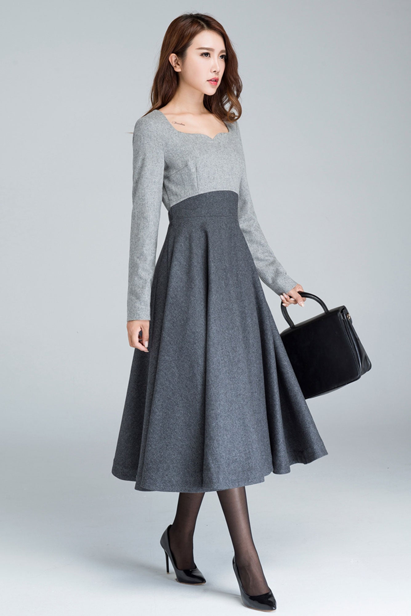 1950s Grey Fit and Flare wool dress 1615