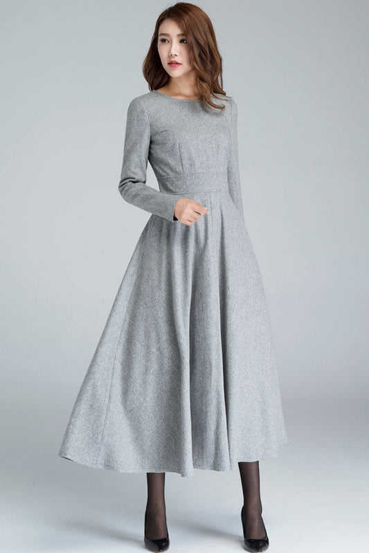 Women Gray Long Swing Wool Dress 1616#