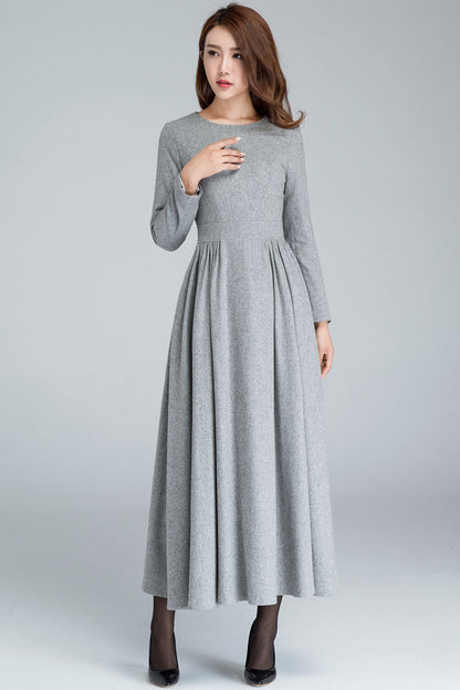 Grey pleated long wool dress 1617
