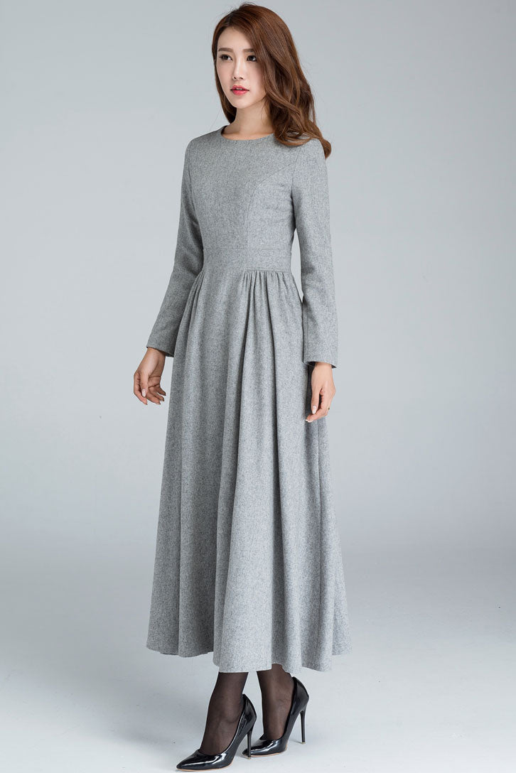 Grey pleated long wool dress 1617