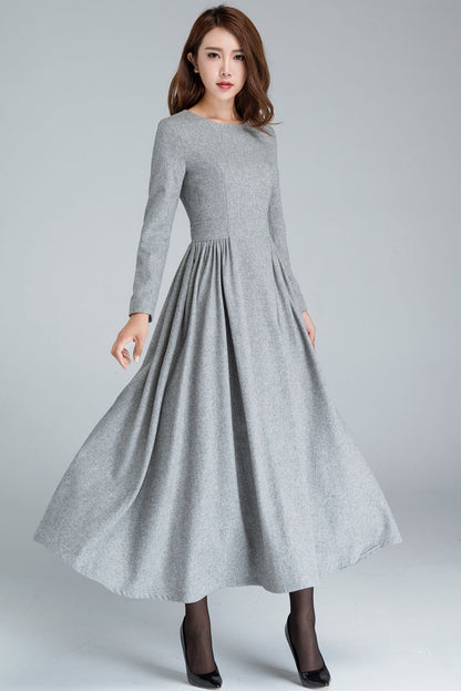 Grey pleated long wool dress 1617