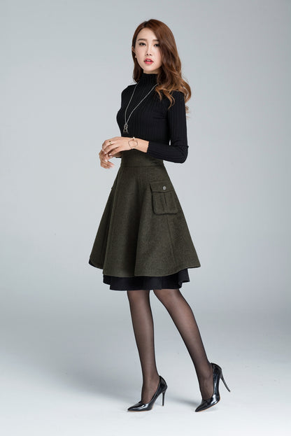 Vintage Green Wool Skater Skirt – High Waist Winter Mini Skirt with Pockets 1627