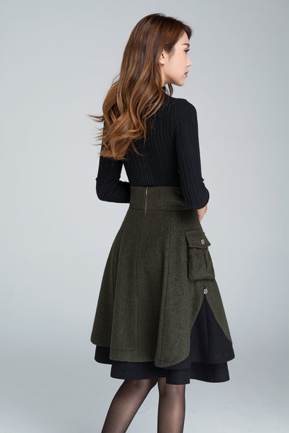 Vintage Green Wool Skater Skirt – High Waist Winter Mini Skirt with Pockets 1627