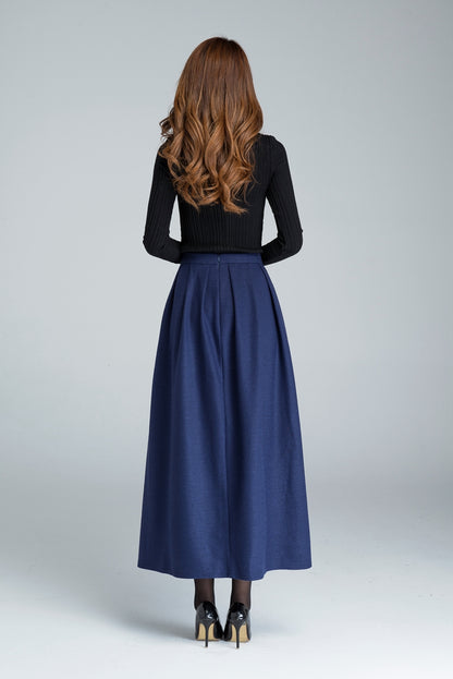 Handmade Navy Blue Wool Maxi Skirt – Elegant A-Line Winter Skirt | Xiaolizi  1629