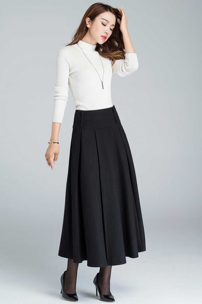 Black Wool Maxi Skirt - Pleated A-Line with Side Pockets 1631